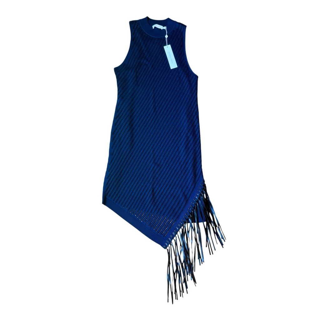 NWT Johnathan Simkhai Chelle Fringe Knit Mini Bodycon Dress Midnight Blue Sz L